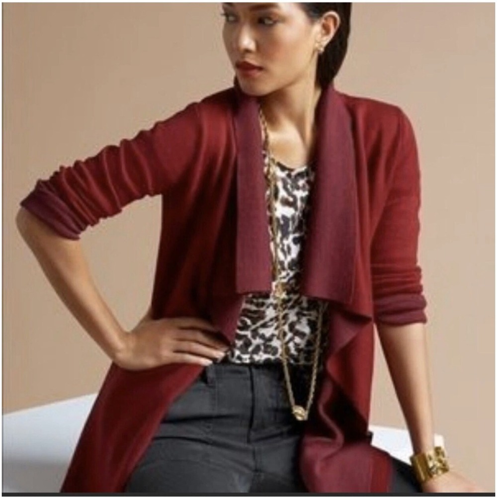 Cabi Burgundy Red Cozy Open Front Cardigan Draped Collar Lightweight Layering M